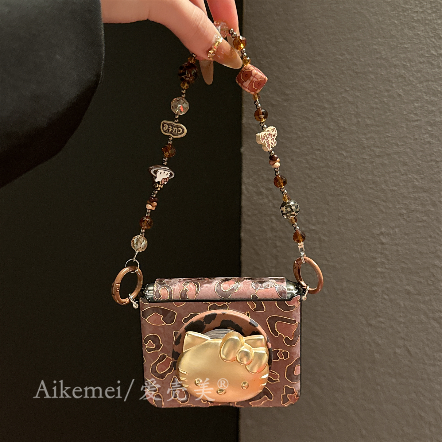 适用华为purax典藏版手机壳pocket2甜酷棕色豹纹立体金色kt猫磁吸支架小米mixflip2皮纹三星zflip765护轴链条 - 图3