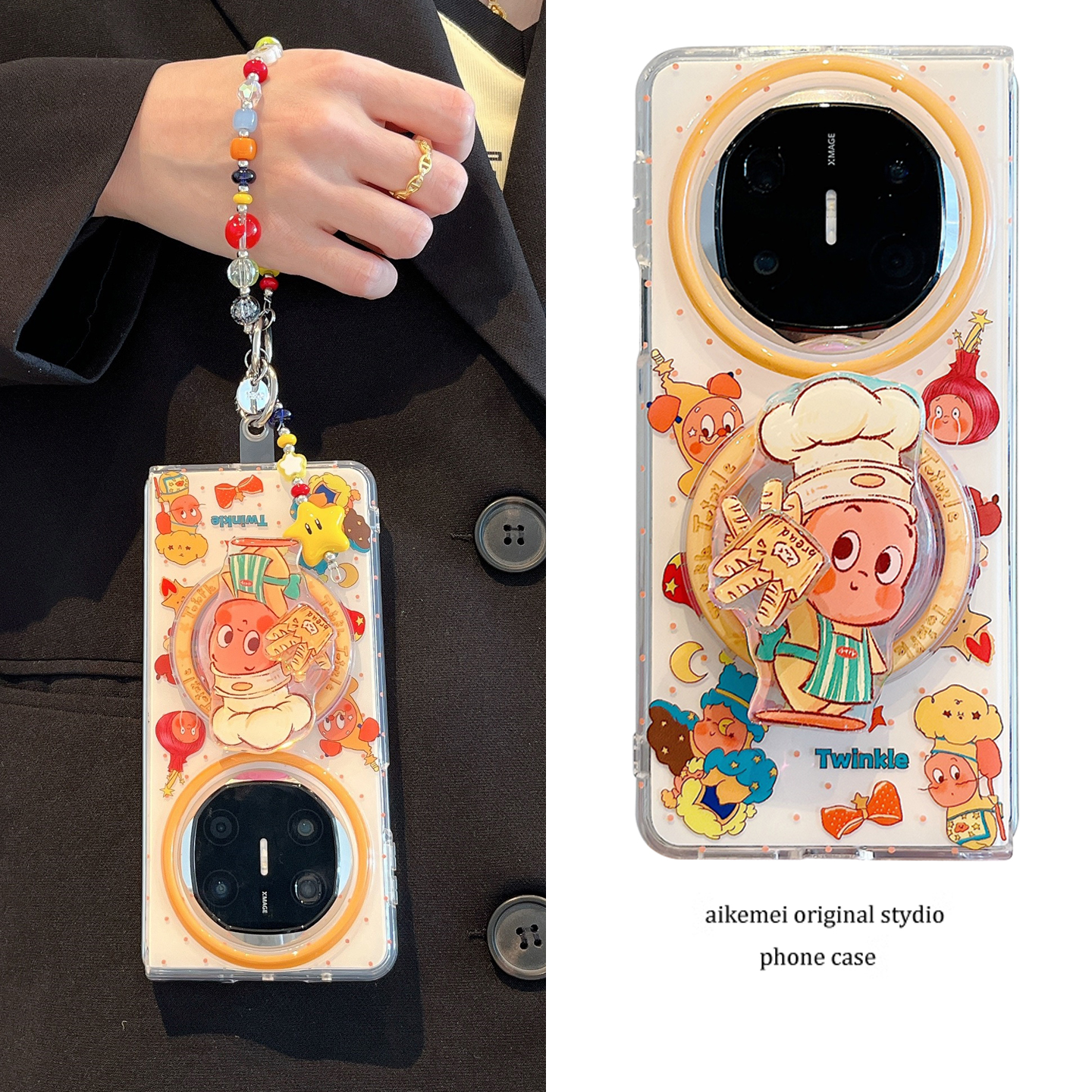 适用华为mateX6新款折叠屏手机壳可爱旋转面包厨师卡通人磁吸支架MateX5典藏版链条挂绳matex3双层防摔男女款 - 图0
