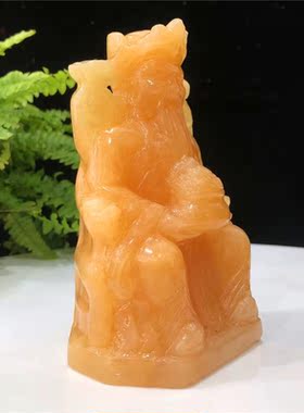 天然米黄玉玄关财神爷佛像摆件