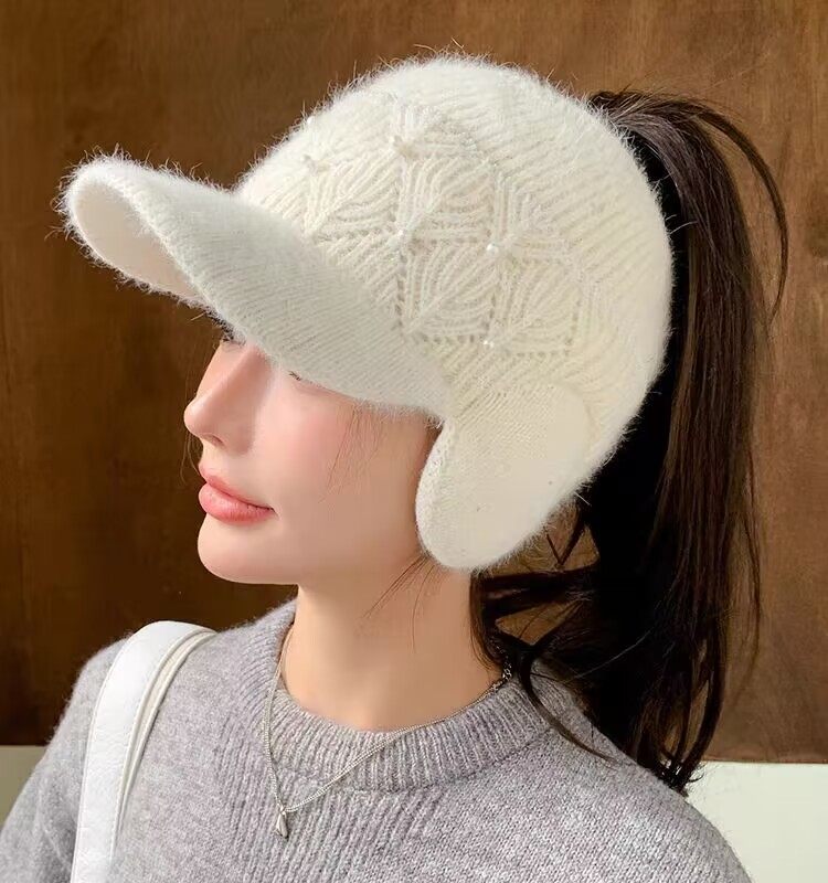 兔毛帽子女冬季2023新款空顶针织鸭舌帽骑车护耳保暖加厚毛线帽潮,淘宝优惠券,粉丝福利购,淘宝优惠卷
