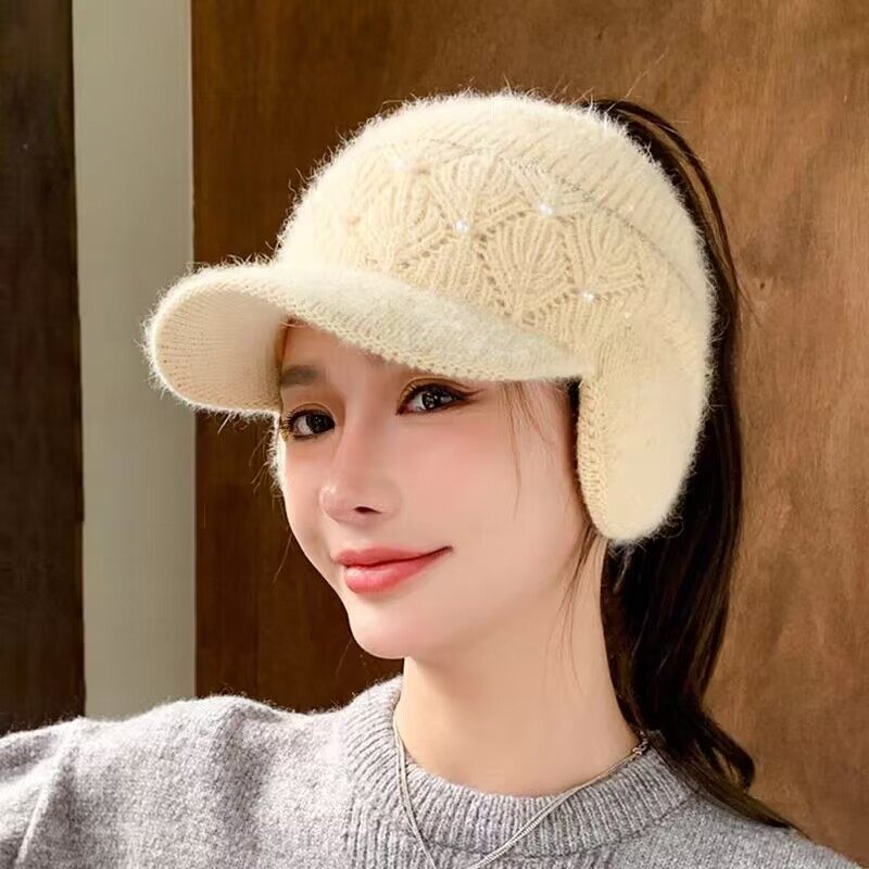 兔毛帽子女冬季2023新款空顶针织鸭舌帽骑车护耳保暖加厚毛线帽潮,淘宝优惠券,粉丝福利购,淘宝优惠卷