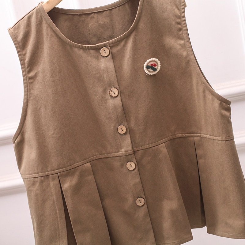 日系复古无袖马甲背心女上衣文艺工装宽松圆领荷叶边森女娃娃衫,淘宝优惠券,粉丝福利购,淘宝优惠卷