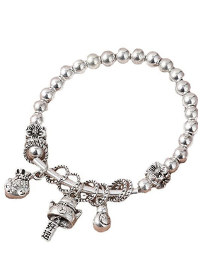 韩版可爱流苏招财猫皇冠手链6mm仿银珠复古手串女展销会手饰品潮