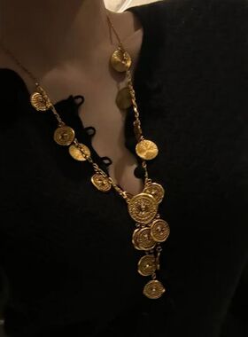 老钱风复古金属罗盘圆片圆形项链女重工黄铜色流苏长款毛衣链耳环