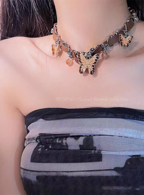美式辣妹蝴蝶项链美拉德棕色复古choker颈环小众高级感皮革锁骨链