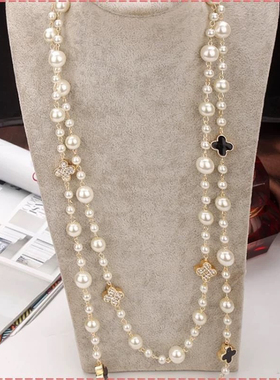 日韩长款珍珠项链多层四叶草毛衣链女韩版2024年新款潮时尚款双层