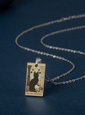 TAROT塔罗牌韦特大阿尔卡纳 复古油画小众彩印猫咪不锈钢项链吊坠