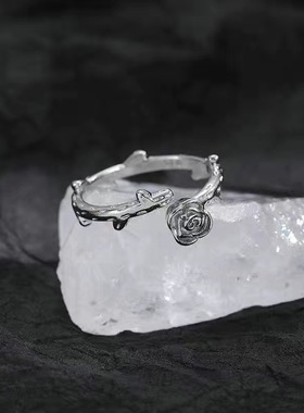 复古暗黑荆棘玫瑰戒指冷淡风对戒个性百搭指环嘻哈银色简约