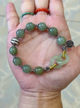 新中式国风原创设计天然和田玉晴水环环相扣珠串老银手串手链