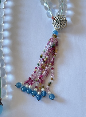 新中式国风原创设计天然白水晶吊坠珠串多宝复古老银项链长项链女