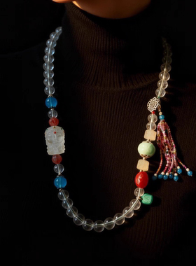 新中式国风原创设计天然白水晶吊坠珠串多宝复古老银项链长项链女