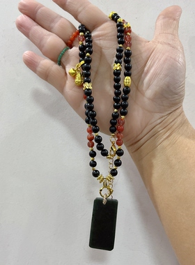 新中式国风原创天然和田玉墨玉吊坠南红火焰纹珠串项链毛衣链