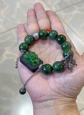 新中式国风原创设计天然和田玉花牌镶嵌沉香碧玉珠串老银手串手链