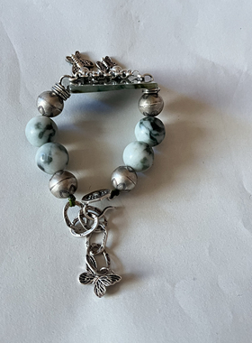 新中式国风原创设计天然翡翠方牌珠串复古老银链万能扣手串手链