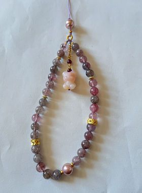 新中式国风原创设计天然草莓水晶珍珠小熊吊坠手机链女款挂件挂绳