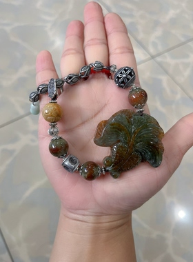 新中式国风原创设计天然翡翠金鱼手牌黄翡翡翠老银珠串手链手串