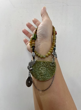 新中式国风原创设计天然翡翠黄加绿复古锁牌老银珠串项链毛衣链