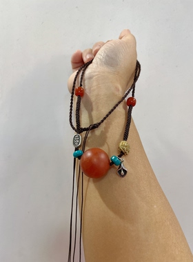 新中式国风原创天然保山南红玛瑙大圆珠锁骨珠手工编绳项链