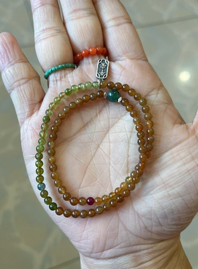 新中式国风原创设计天然和田玉新疆且末老冰糖珠串绿碧玺双圈手串