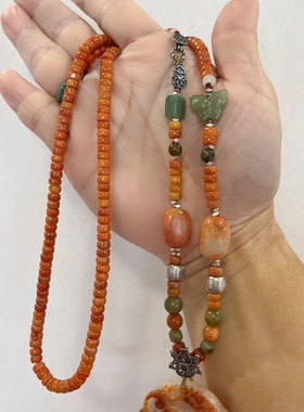 新中式国风原创天然红翡翠复古花牌算盘珠串老银项链锁骨链毛衣链