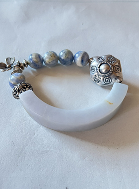 新中式国风原创天然翡翠半镯蓝晶石水晶珠串老银珠手串手链女款