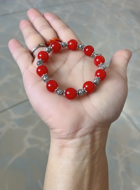 新中式国风原创天然红玛瑙复古老银流苏本命年红色手链手串