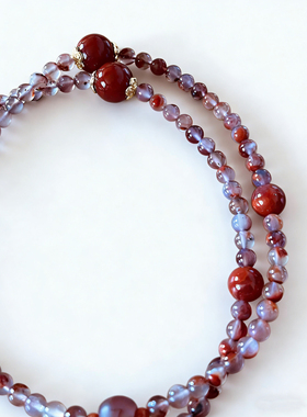 新中式国风原创设计天然南红玛瑙紫底冰飘花如意锁毛衣链念珠项链