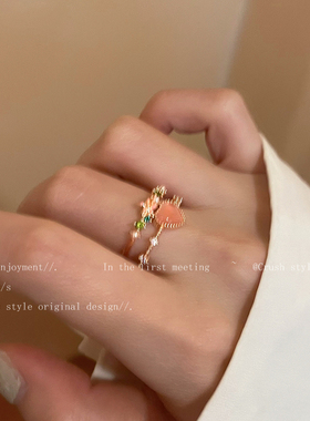 双层爱心锆石开口戒指女甜美