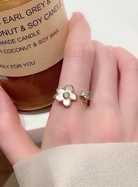 母贝珍珠锆石蝴蝶花朵开口戒指