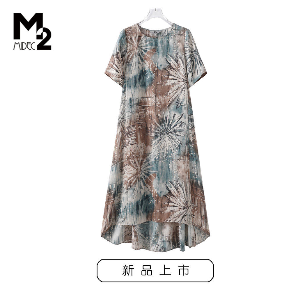 M2折扣店夏新款宽松大码收腰显瘦遮肚中年妈妈短袖雪纺连衣裙
