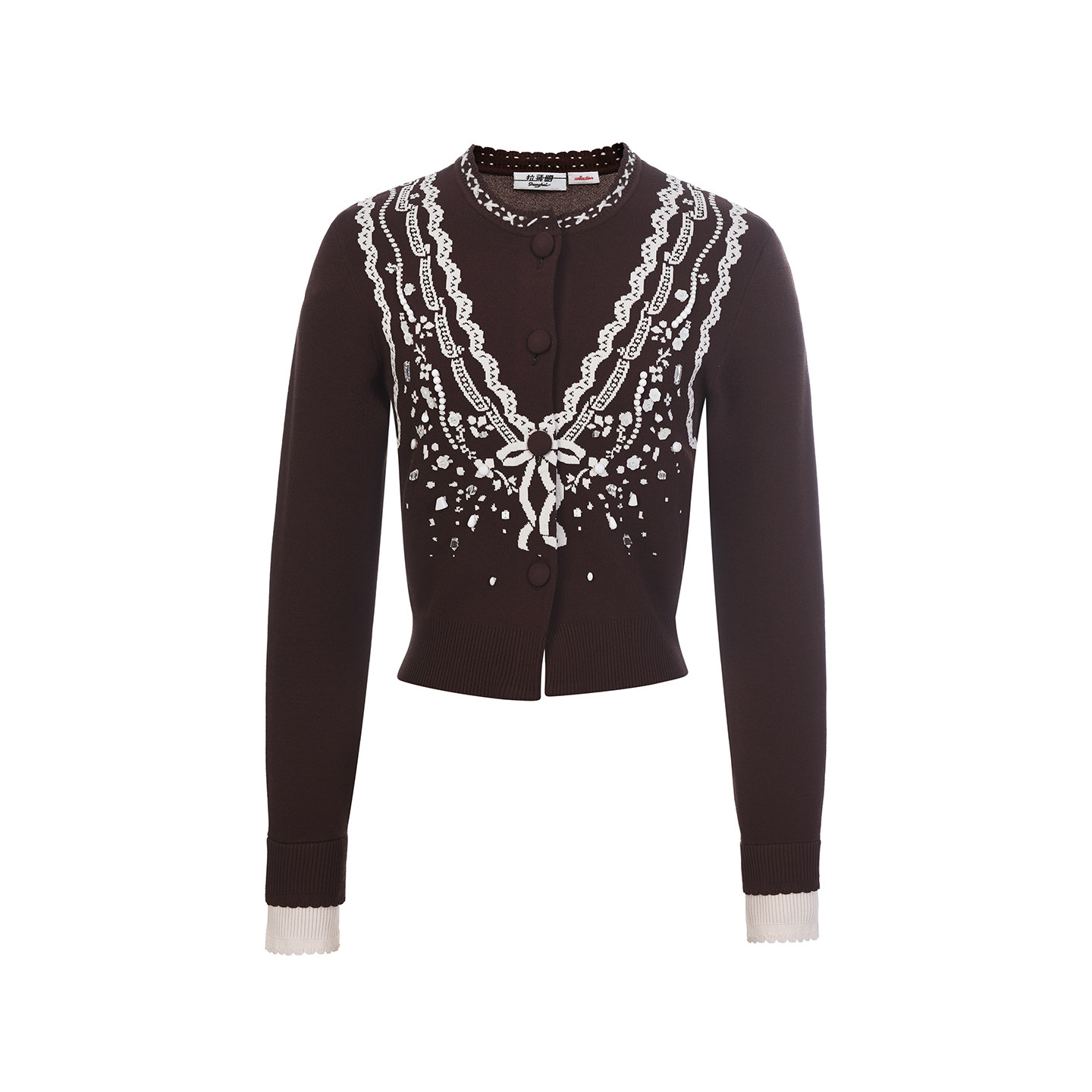 lefame拉飞姆2026春季新款时尚不规则钉珠白色立体提花针织开衫女,淘宝优惠券,粉丝福利购,淘宝优惠卷