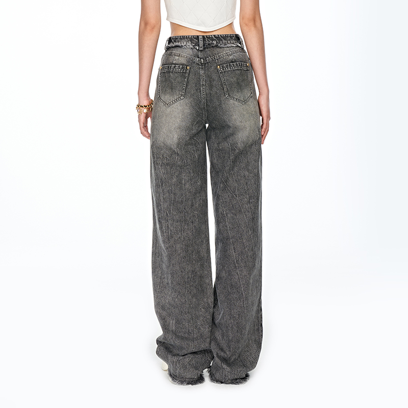 lefame拉飞姆2025秋季金属装饰破洞高腰阔腿直筒裤做旧牛仔长裤女,淘宝优惠券,粉丝福利购,淘宝优惠卷