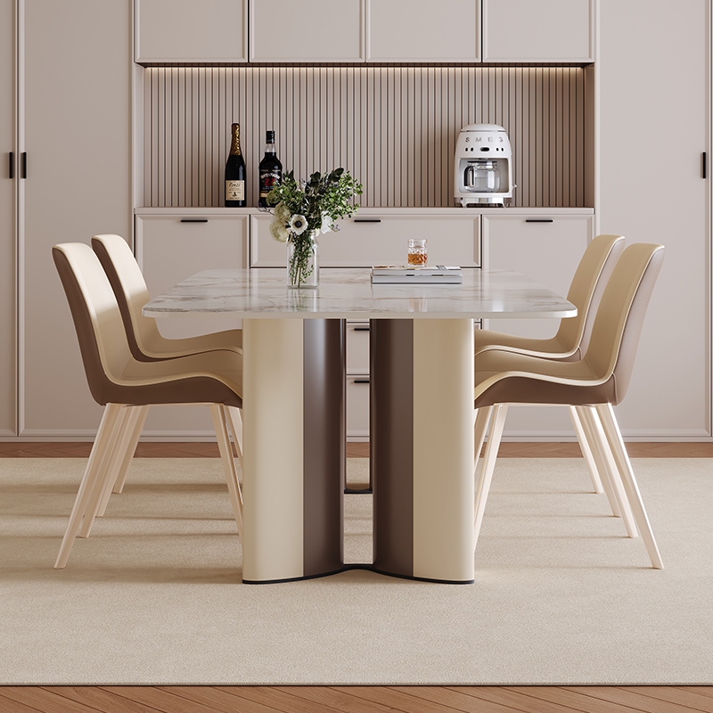帕沙曼岩板餐桌椅组合小户型现代简约餐厅家用奶油风长方形饭桌-图0