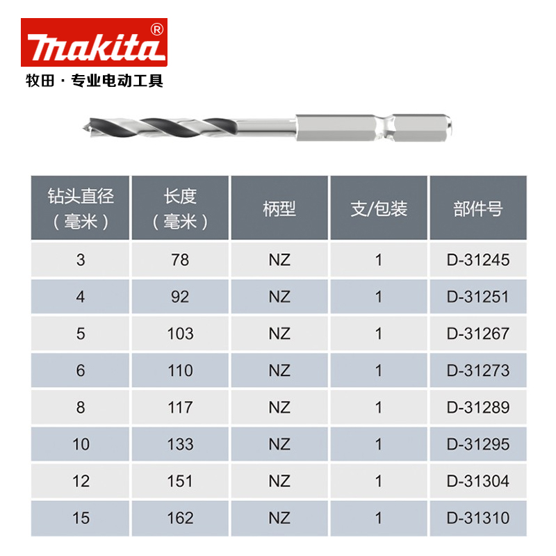 牧田(Makita)六角柄木工钻头8mm木头木材板材实木桌椅门专用麻花