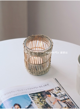 玻璃烛台手编天然草蜡烛托茶灯