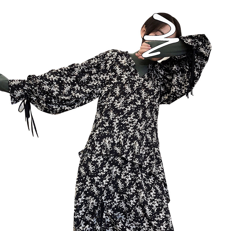 黑色赫本风长袖碎花女长款连衣裙 品秀俪人连衣裙