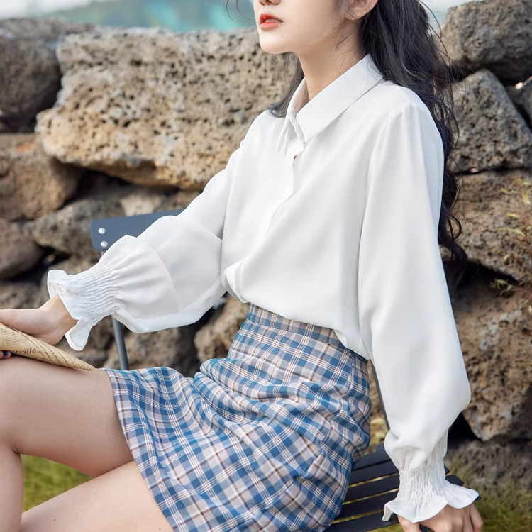 学院风白色衬衫女喇叭袖百搭打底衫长袖上衣春秋新款甜美衬衣潮,淘宝优惠券,粉丝福利购,淘宝优惠卷