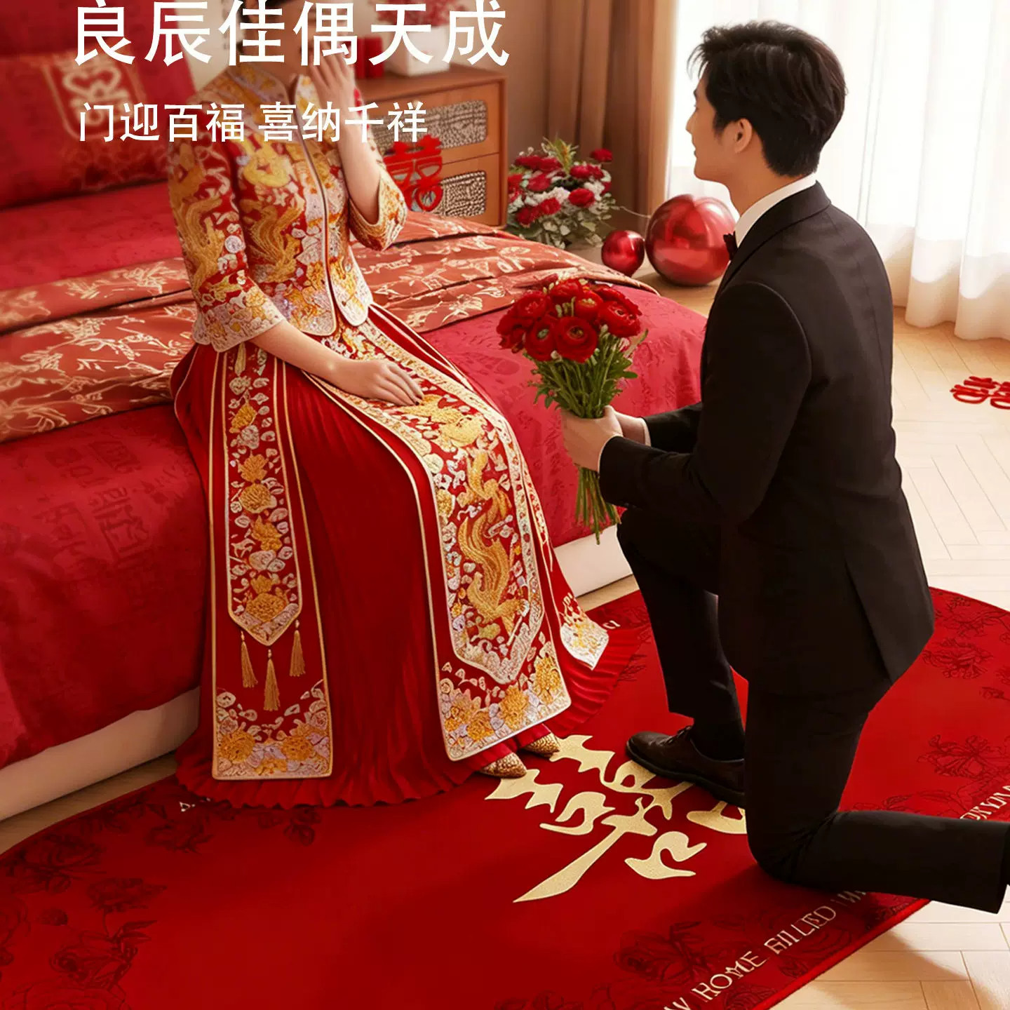 Wedding bedside carpet floor mat wedding room bedroom layout non-slip wedding red festive decoration happy word carpet foot mat