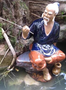 假山配件盆景摆件陶瓷钩鱼翁姜太公钓鱼大号垂钓渔翁流水人物配件