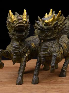 全黄铜大号麒麟一对家居客厅玄关博古架电视柜办公室店铺商铺摆件
