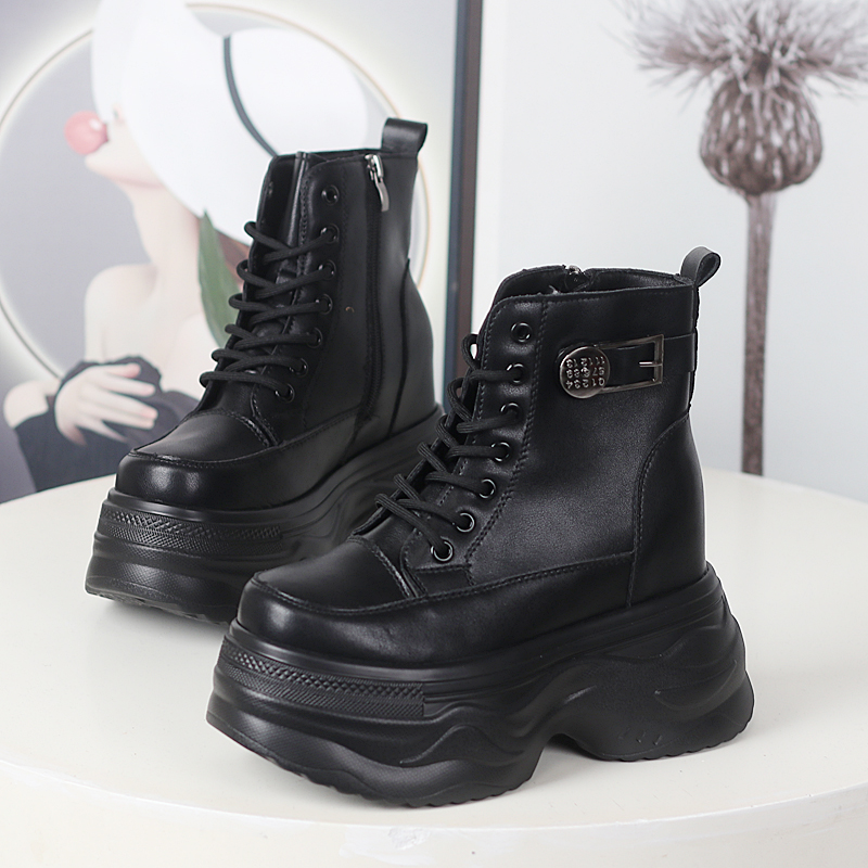 小个子超高跟12cm内增高马丁靴女洋气百搭松糕厚底休闲加绒短靴 - 图0