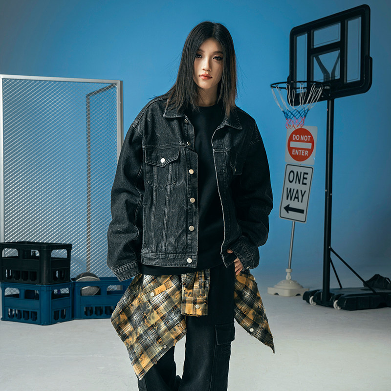 Makemore牛仔外套男重磅水洗复古压线美式街头宽松休闲黑色夹克女,淘宝优惠券,粉丝福利购,淘宝优惠卷