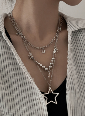 刊赛五角星圆珠多层叠戴项链女冷淡风个性配饰接头时尚辣妹风亚比