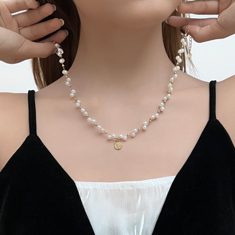KANSAI人头硬币珍珠项链轻奢小众设计女法式锁骨链高级感气质配饰 - 图1