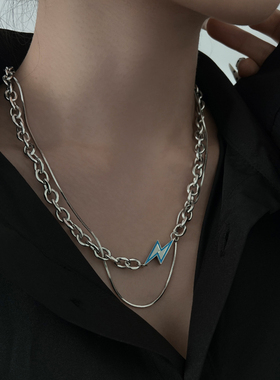 刊赛蓝色闪电双层叠戴项链男女气质小众配饰日韩个性冷淡潮风饰品