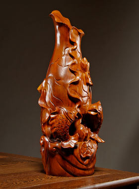 花梨木质雕刻连年有鱼花瓶摆件家居客厅电视柜酒柜装饰红木工艺品