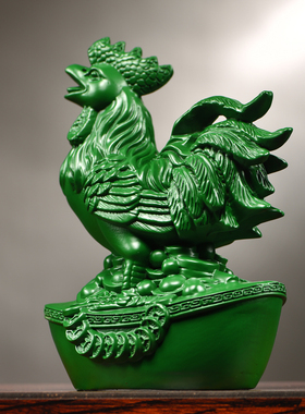 绿色实木雕刻鸡摆件十二生肖公鸡客厅电视柜办公桌面装饰工艺礼品