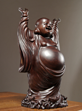 黑檀木雕弥勒佛像摆件实木质大肚笑佛家居客厅公司装饰红木工艺品