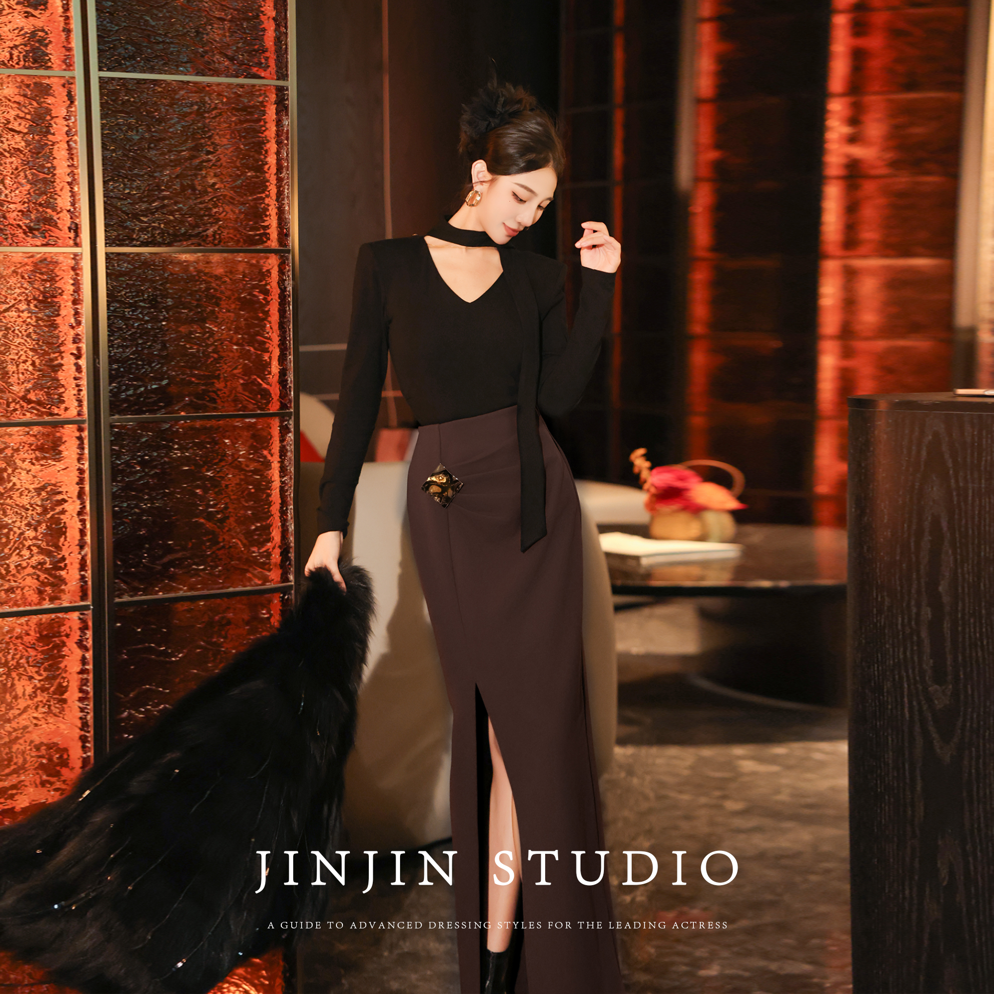 MD进进原创【焦糖梦幻】2025秋冬气质高腰显瘦复古开叉百搭半身裙 - 图1