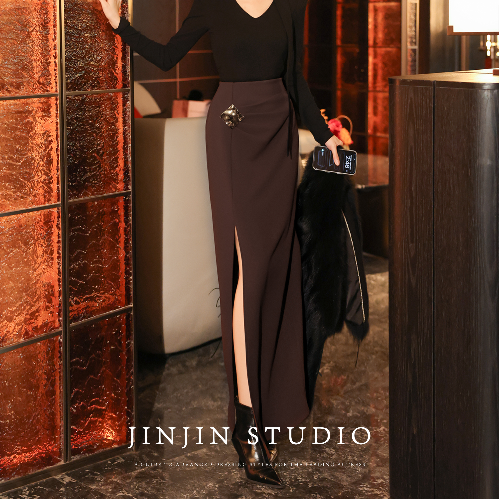 MD进进原创【焦糖梦幻】2025秋冬气质高腰显瘦复古开叉百搭半身裙 - 图0